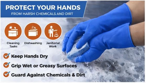 Image of LADWA Premium Rubber Cleaning Gloves, Blue Color Reusable Waterproof Gloves for Kitchen Cleaning, Dishwashing, Laundry and Gardening Use (Pack of 10 Pairs Value Pack)