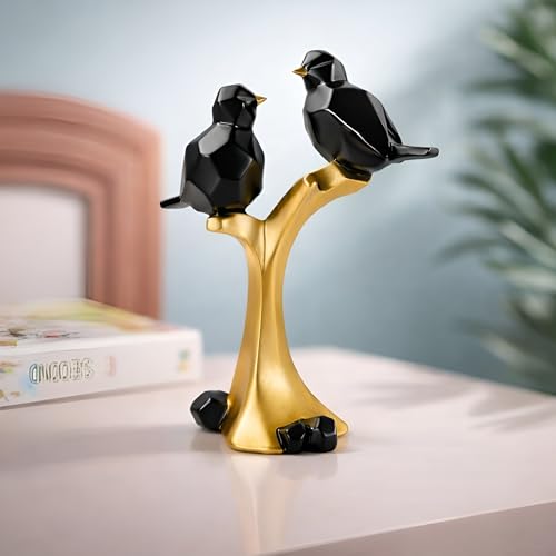 Image of Xtore Striking Geometric Bird Pair Sculpture for Home & Office Decor | Modern Black & Gold Perched Birds Showpiece for Living Room, Shelf & Table Styling (22 cm)
