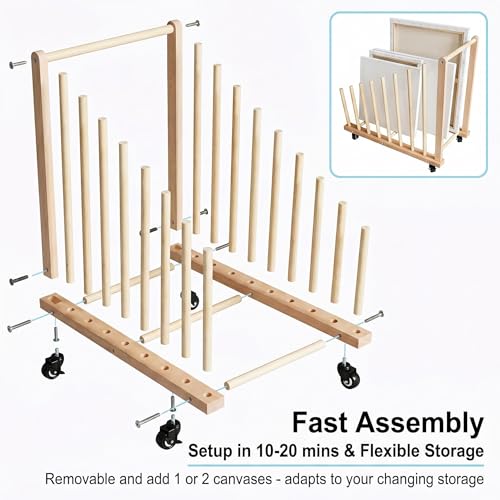 Image of Art Storage Rack with Brake Caster Wheels,Art Drying Rack Wooden Storage Rack for Canvas Frames,Drawing Board Prints,Paper Pads,Perfect for Studios,Galleries, Museums, Art Venues (Large)