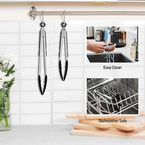 Onader Kitchen Tongs Set of 2, Silicone Food Tongs with Stainless Steel Handle, Great for Cooking Serving Barbecue, Silicone Tips & Locking Clip, Heat Proof & Dishwasher Safe, 9 & 12 Inch - Black - Image 5