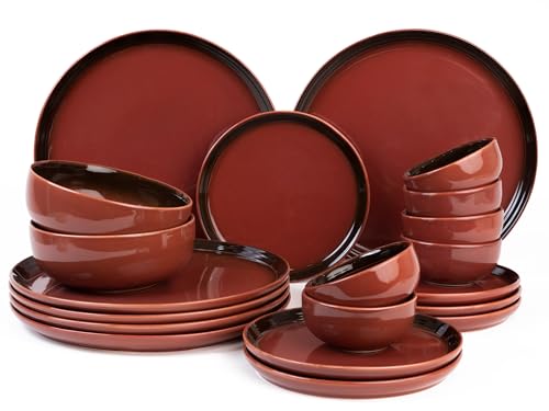 Bodhi House Handcrafted Chip Resistance Porcelain Solid Dinner Set, 20 Pieces Dish Set Serving for 6, Microwave and Dishwasher Safe, Bone-Ash Free, Crockery Set for Dining and Gifting, Deep Red