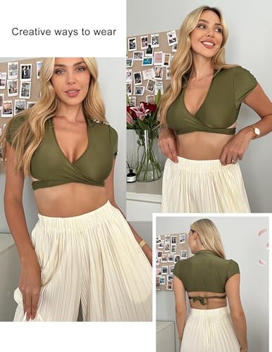 Image of Avidlove Sexy Tops for Women Tie Front Crop Top Short Sleeve Deep V Neck School Girl Outfit Cosplay Lingerie Rave Top