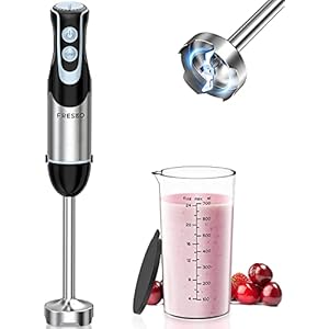 FRESKO Stainless Steel Hand Blender, 1200W Electric Stick Blender with 12 Speed and Turbo Mode, Heavy Duty Copper Motor Immersion Blender,700ml Beaker for Baby Food, Smoothies, Soup, BPA-Free
