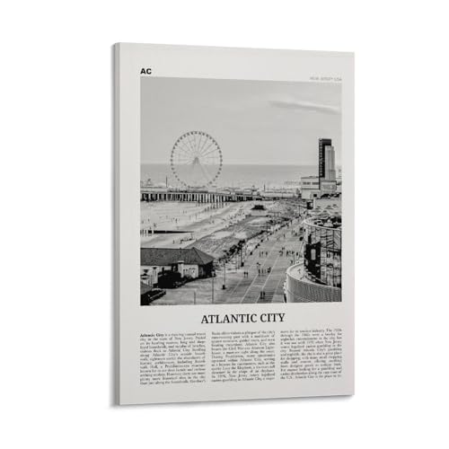 CJZZMA Atlantic City Print Black And White, Atlantic City Wall Art, Atlantic City Poster, Atlantic City Photo, Atlantic City Wall Décor, Maryland Canvas Wall Art Poster Ready to Hang Framed 12x18inch