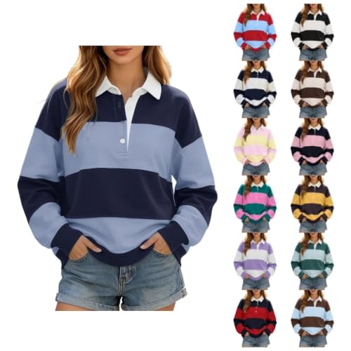 TRCELECTROP Striped Sweatshirts for Women Loose Fit Trendy Color Block Lapel Collared Pullover Tops Long Sleeve Rugby Shirts - image 1