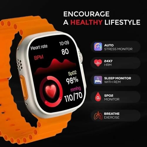 Image of CHG T800 Orange Smartwatch Bluetooth Calling | 1.99 inch HD Display | Fitness Tracker | Heart Rate & SpO2 Monitor | Sports Smart Watch for Men & Women | Android & iOS Compatible