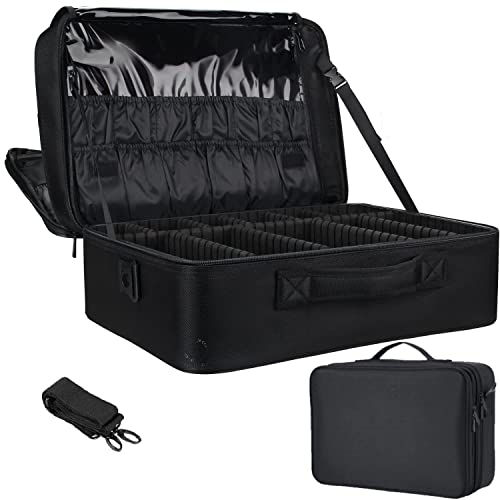 LACOPINE Travel Professional Makeup Case Organizer Bag for Women | Portable Artist Storage Makeup Brush Bag with Adjustable Dividers (Black, 16 INCH (2 Layer))
