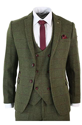Men Olive Green Plaid Tweed Blazer Vintage Checkered Prom Party Tuxedo Grooms Wedding 3 Pieces Suit Jacket Pants Vest3