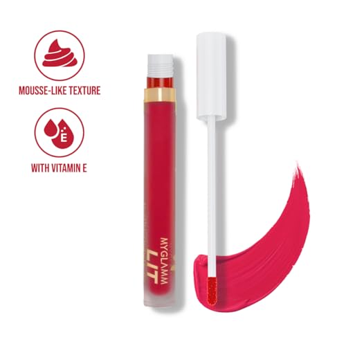 Image of MyGlamm LIT Liquid Velvet Matte Lipstick-Lover (Red)-3 ml | Mousse-Like, Hydrating Formula | Matte Lipstick | Liquid Lipstick