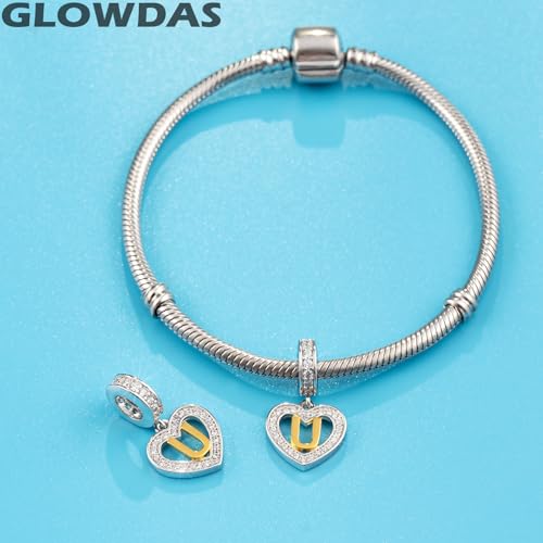 Image of GLOWDAS 18K Gold Plated Letter Charms Initial A to Z Necklace Pendant, 925 Sterling Silver CZ Heart Dangle Alphabet Beads fit European DIY Bracelet, Gifts for Valentiens /Christmas /Family