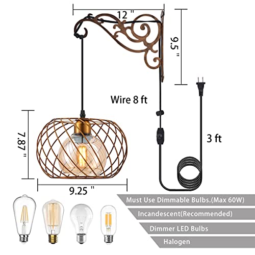 Image of Boho Hanging Lamps Plug in Wall sconces Gold Glass Dimmable,Vintage Hanging Wall Lantern Light Lamp Plug in for Bedroom, Living Room,2PK