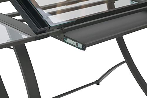 Sd Studio Designs Futura Luxe Drawing, Drafting, Craft Table With Drawer, 35" Wide Angle Adjustable Top And Side Shelf, Pewter Grey/Clear Glass #TOP5