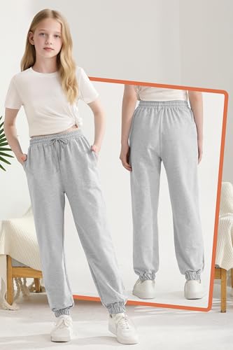 AlisOker Calça de moletom atlética de algodão para meninas com cintura alta e bolsos com cordão para