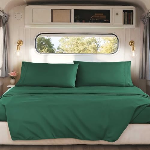 Image of Nestl Dark Green Short Queen Sheets for RV, Hotel Luxury RV Queen Sheets Set, 4 Piece Fitted Bed Sheet Set and Pillowcases, Super Soft, Wrinkle-Free, and Breathable Camper Bedding