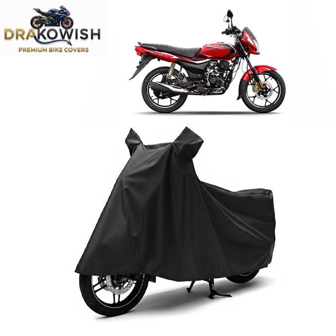 Image of DRAKOWISH Waterproof Bike Cover for Bajaj Platina 110 All Weather Protection from Rain, Dust, UV Rays & Scratches with Mirror Pockets & Buckle Belt
