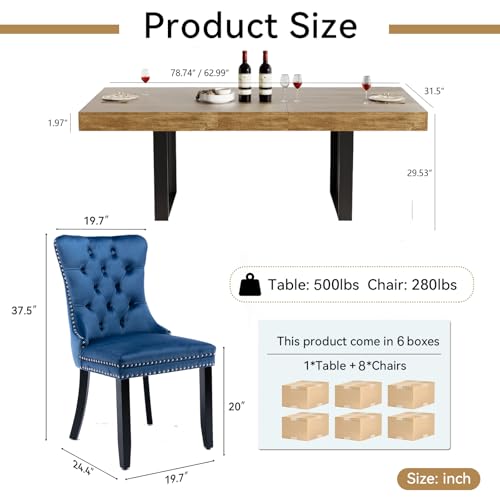 Image of Brown Dining Room Table Set for 8, 9-Piece 63 inch-78.74 inch Extendable Dining Table Set with 8 Upholstered Chairs, Rectangle Wooden Expanding Kitchen Table and Blue Chairs Set