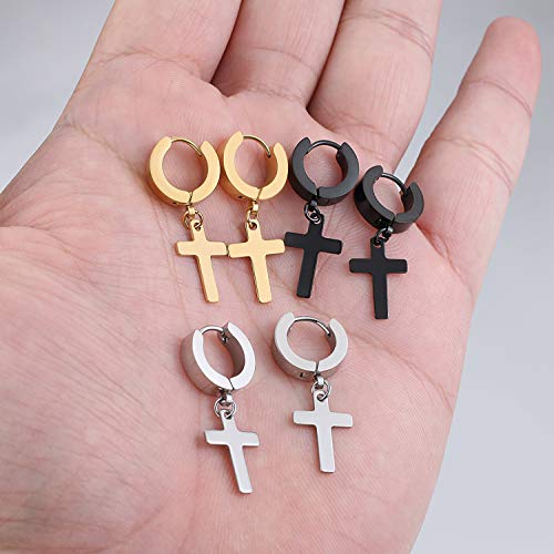 Men Women Stainless Steel Cross Earrings Set Dangle Hinged Earrings of Dangle Hinged Earrings Cross hoop Earrings4