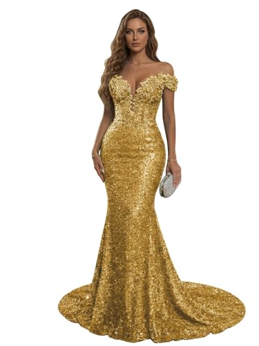 RYANTH Off The Shoulder Prom Dresses Gold Long Sparkly Sequin Corset Wedding Party with Train Mermaid Formal Dress for Women Size 8
