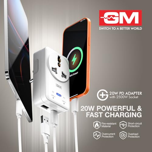 Image of GM G+ 3-in-1 20W PD Fast Charging Adapter with 2500W Universal Socket | Dual Type-C & USB-A Ports | Socket for India, US, UK, EU, AU | Compact Design for Bedside Use | Multi Plug Power Adapter