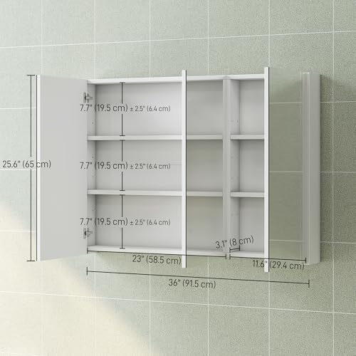 HOMCOM Medicine Cabinet with Mirror, Wall Mounted Bathroom Mirror Cabinet with 3 Doors and 4 Adjustable Shelves, 36" x 26", White - 2