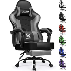 minnouat Gaming Stuhl Ergonomischer mit Fußstütze, Gaming Chair Bürostuhl 150 kg Belastbarkeit, Gamer Stuhl aus Kunstleder, Höhenverstellbarer PC Zockerstuhl für Jugendliche Erwachsene, Grau