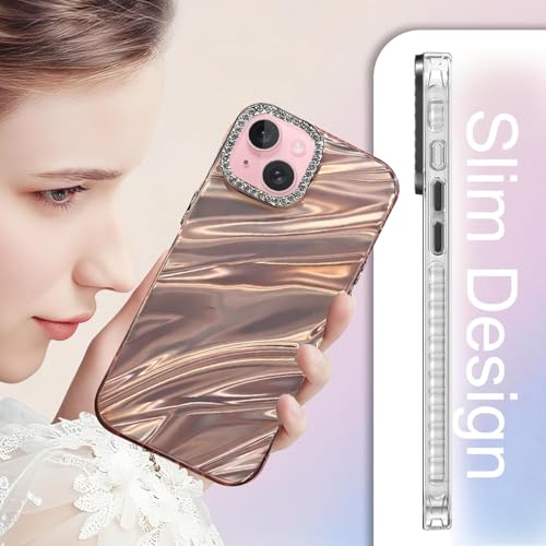 Image of DIZORO Compatible with iPhone 15 Plus Case | Marble Glossy Hard PC Back Cover with Diamond Camera Protector | Ultra Stylish Shockproof Back Cover Case for Girls Women-Pink