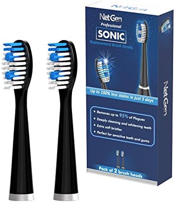 Replacement Sonic Toothbrush Heads | Soft and Comfortable Electronic Brush | Compatible with All NetGen Toothbrush Models | Black - Pack of 2
