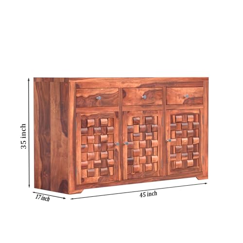 Image of Krishna Wood Decor Sheesham Wood Sideboard Cabinet with 3 Drawers & 3 Door Storage | Wooden Storage Unit for Living Room Dining Room | Solid Wood Organizer Furniture with Modern Design | Honey Finish
