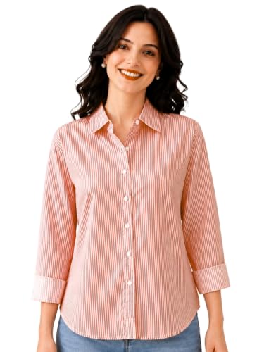 Image of Cotton Striped Shirt for Women with Long Sleeves, Ultra-Soft Cotton Blend, Regular Fit Womens Stylish Casual Shirt, Formal, Party, Beach, Summer Wear