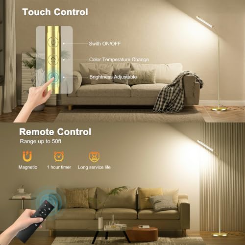 Image of Dimmable LED Floor Lamp, Super Bright Reading Lamps Floor Standing lamp with Remote & Touch Control, Stepless Dimming & 2700K-6500K Color Temperature, for Living Room Bedroom Office, Brassed Gold