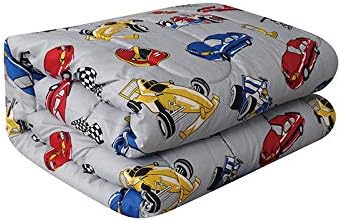 6 Piece Twin Size Kids Boys Teens Comforter Set Bed in Bag w/Sham, Sheet Set and Decorative Toy Pillow, Racecar Print Gray Boys Comforter Bedding Set w/Sheets, Twin 6pc Racecar