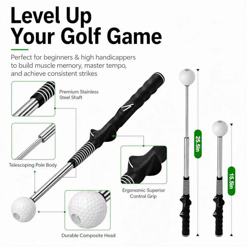 ECOSEVEN Golf Swing Trainer & Grip Trainer - Retractable Training Aid