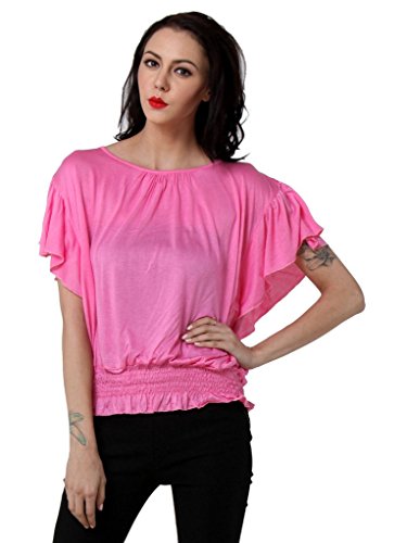 Image of Teemoods Women's Short Sleeve Blouson Top - Round Neck, Elastic Waist, Loose Fit Viscose Summer Top for Women