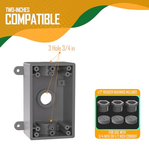 1 Gang 3-1/2 in. or 3/4 in. Electrical Outlet Box, Include 3-1/2 in. Reducer Bushings & 3-3/4 in. Closure Plugs, Weatherproof Outlet Box Gray, UL Listed (2 Pack)