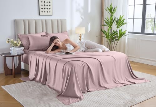 Image of Pure Bamboo King Sheets, Genuine 100% Organic Viscose Derived from Bamboo Bed Sheet Set, Luxuriously Soft & Cooling, Double Stitching, 2 Year Quality Promise (King, Dusty Pink)