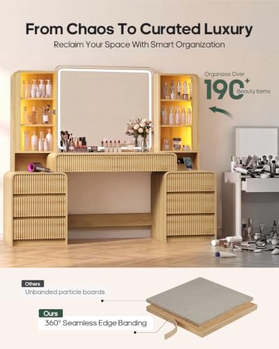 Image of Big Vanity Desk, Fluted Makeup Vanity with Mirror Lights, Dressing Table