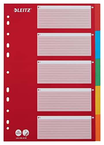 Leitz A4 5 Separadores Archivador Rojo/Multicolor, Cartón Reciclado Sólido, 5 Pestañas con Carátula de Índice, 43866000