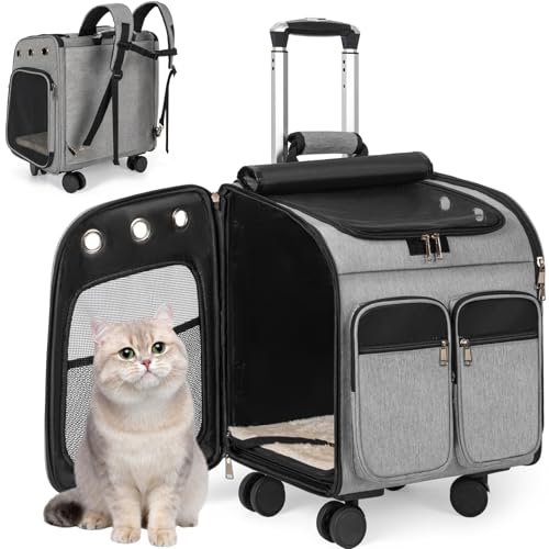 OUUTMEE Trasportino per gatti con ruote, zaino 3 in 1 per animali domestici su ruote, passeggino da viaggio per cani, zaino con rete traspirante, borsa da viaggio pieghevole per gatti/cani di piccola