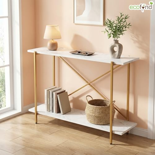 Image of ecofynd Elix 47 Inch Console Table, Metal with Engineered Wooden top Long Narrow Hallway, Entryway, Living Room, Dining Room, Office, Home Side Table Storage Shelves, 47 inchX 9 inchX 28 inch White and Gold