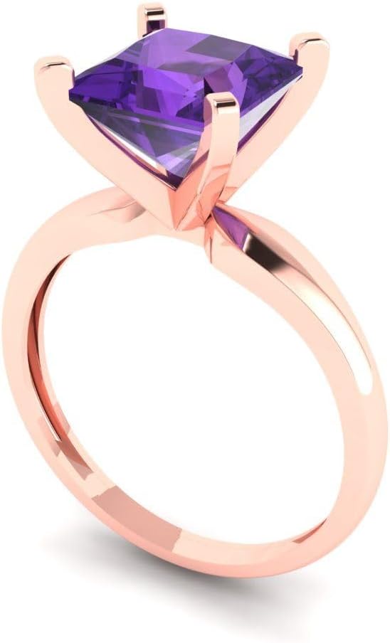 Clara Pucci 14K Solid Rose Gold 2.5 ctw Amethyst Solitaire Ring for Women | Anniversary, Birthday Gift | 7.5mm Princess Cut - Image 2