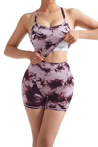 Image of SUUKSESS Women 2 Piece Workout Sets High Waisted Tummy Control Biker Shorts Halter Padded Tank Tops