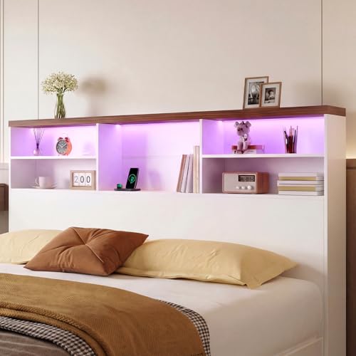 MOMOKOVA 63 Queen Size Storage Headboard with Charging Station and RGB LED Lighting Wood Bookcase Headboard Only for Bedroom Modern & Durable Space-Saving White