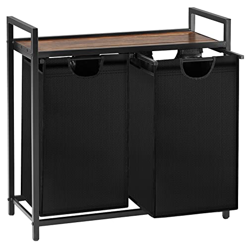 112L Double Laundry Hamper With Shelf By Techmilly, Dual Laundry Basket Organizer With 2 Pull-Out Bags, 2 Section Clothes Hamper For Laundry Room, Bathroom, Oxford Fabric, Metal Frame #TOP8