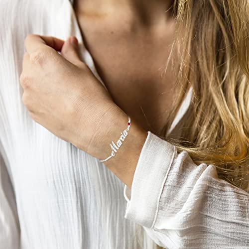Personalized Name Bracelet Or Anklet Bracelet With Cz Birthstone 925 Sterling Silver /14K Custom Names Tiny Bar Bracelet Dainty Jewelry Birthday Gifts For Women Teens， 7"+1.5" #TOP1