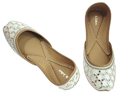 Image of Fulkari Women's Mirror Genuine Soft Leather Juttis | Bite and Pinch Free Jutis | Ladies Punjabi Jutti | Wedding Flat Stylish Mojari | Phulkari Ethnic Flats For Girls |