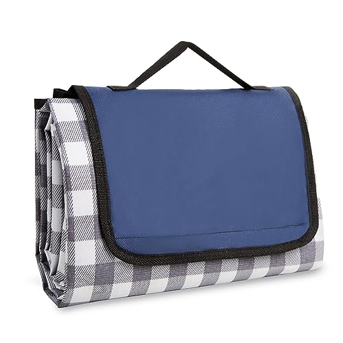 ASAB Large Picnic Blanket Waterproof Backing 200 x 140cm Washable and Slip Resistant Beach Blanket Convenient Handle Quick Dry Picnic Mat Fold Up Picnic Blanket for Outdoor Camping Travel Parks (Blue)