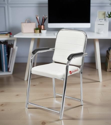 Image of Office Chair Visitor Chair with arm Rest with Steel Frame and Cushioned seat Back, Chair Without Wheels Holds up to 140 kg Heavy Design (1, White, Heavy)