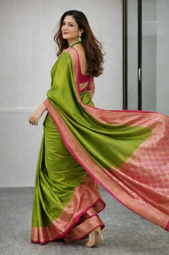 Image of Women's Glory Banarasi Satin Silk Saree with Rich Zari Woven Border & Pallu | Soft Glossy Party Fancy Traditional Saree for Wedding, Festive, Function | Blouse Piece Included