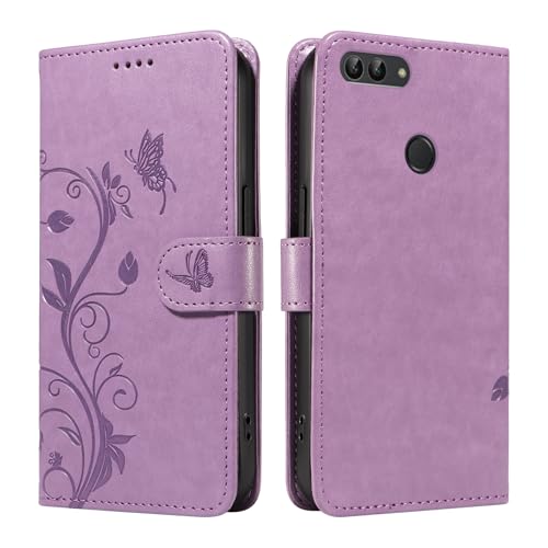 XFDSFDL® Protective Cover for Huawei P Smart FIG-LX1/LX2/LX3 (5.65 Inch) PU Leather Flip Case Almond Tree Pattern with Stand Embossing Holster Lanyard Wallet Phone Shell Purple