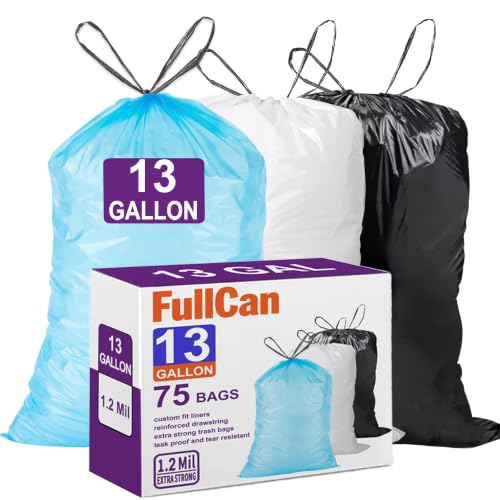 Image of 13 Gallon Heavy Duty Drawstring Trash Bags with Reinforced Drawstring Drawstring Garbage Liners Black & White & Blue 1 Mil THICK Total 75 Count